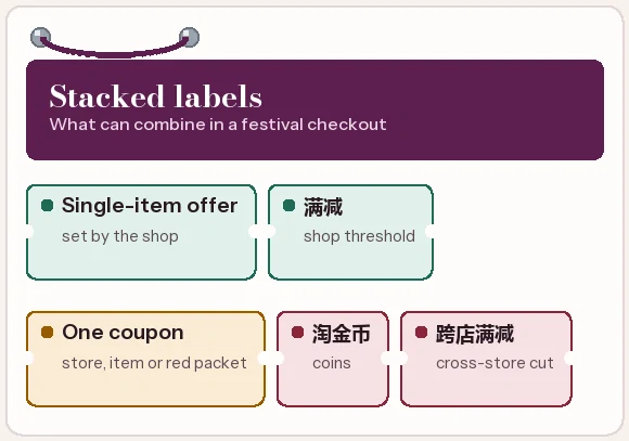 A festival listing with labels stacked beside the price: single-item offer, shop offer, one coupon, coins and the cross-store cut, each tagged with its lane