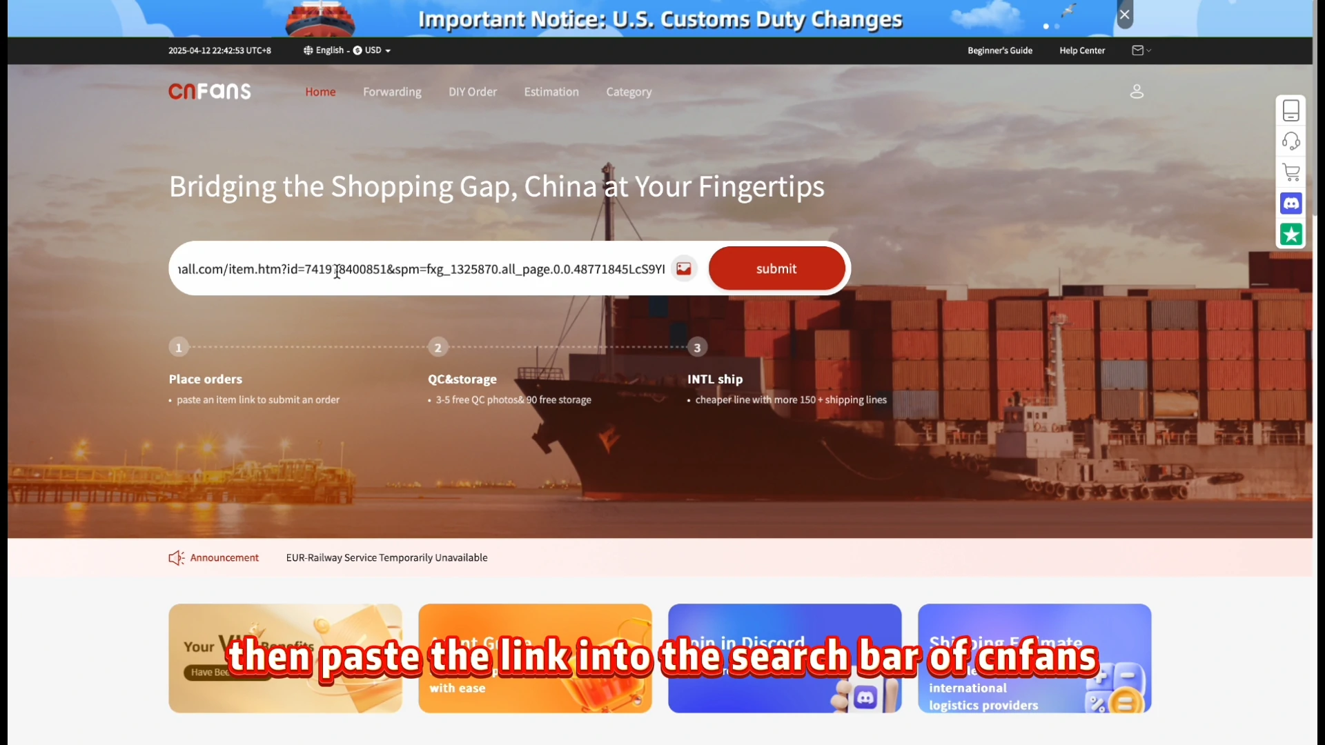 Historical official tutorial: a product URL is pasted into the CNFans search field. The banners and storage claims visible in the old screen are not current policy.